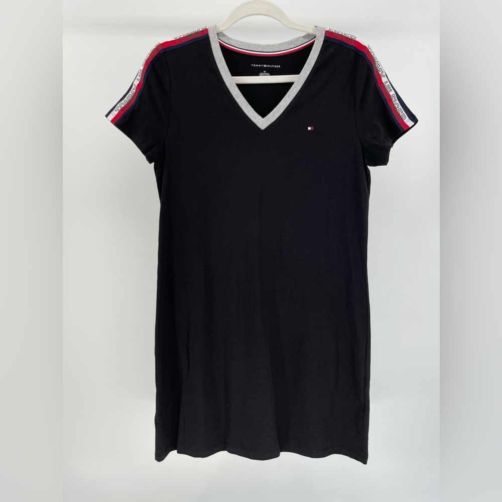 Tommy Hilfiger Shoulder Logo Black V-Neck T-Shirt Dress, Women’s Medium